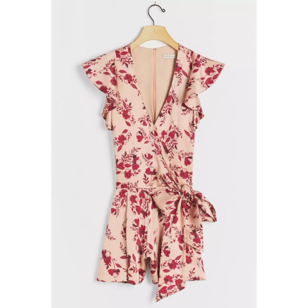 Monique Lhuillier Pink Floral Print Satin Wrap Romper